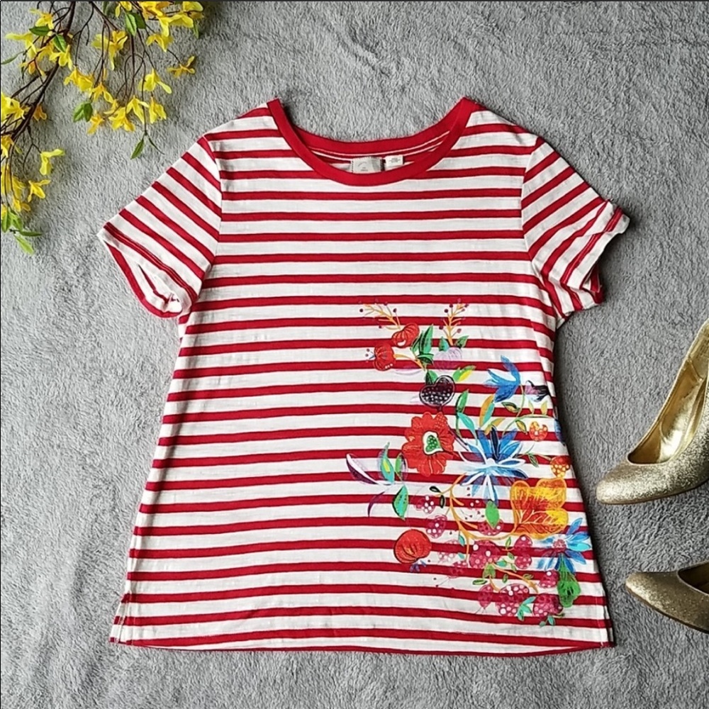 Anthropologie Red Stripped Floral Top - Large